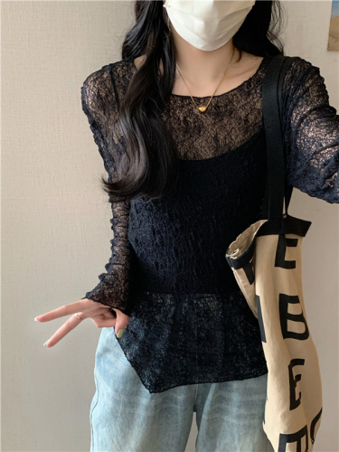 Real shot of lace see-through round neck long-sleeved irregular sun protection shirt top + knitted small suspender two-piece set
