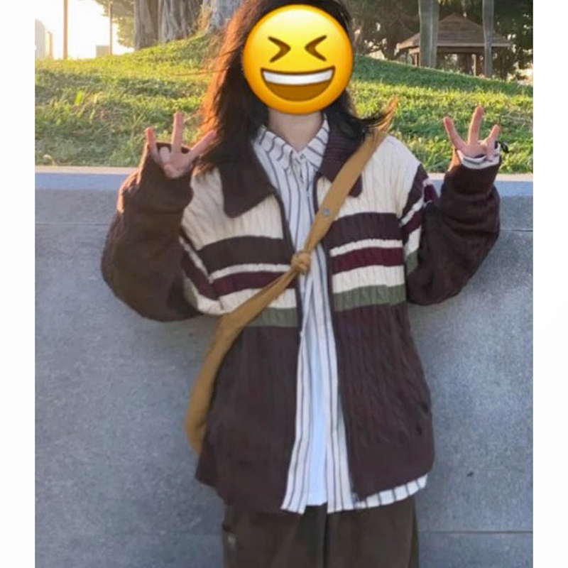 日系復古麻花條紋雙拉鏈毛衣開衫女秋冬寬鬆慵懶polo翻領針織外套