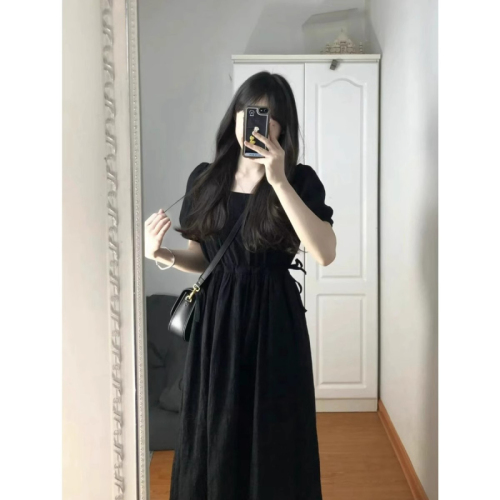 Black dress for small women 2024 new French Hepburn style little black dress waist slimming long skirt summer