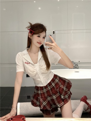 Real shot ~ hot girl suit short shirt sexy top summer short skirt retro plaid skirt suit