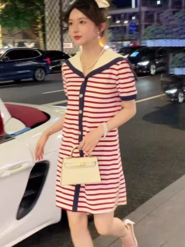 High-end exquisite navy collar striped temperament dress for women 2024 new niche beautiful short skirt for women summer