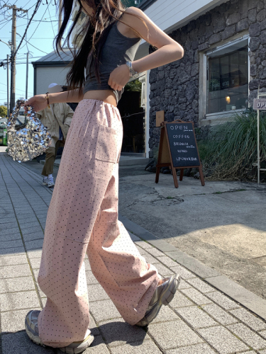 Summer new polka dot trousers drawstring adjustable elastic waist casual trousers splicing design straight slimming wide leg trousers