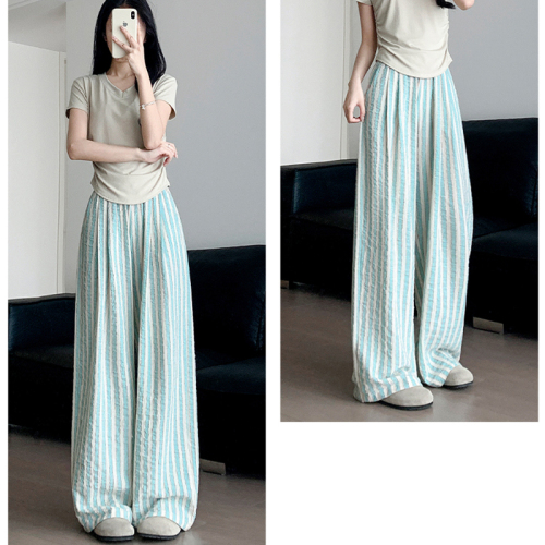 Original fabric striped casual pants for women summer thin loose drape high waist slim wide leg pants