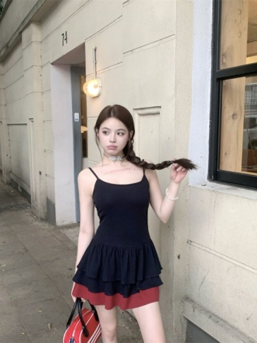 Hot Girl Dress Niche Design Contrast Color Skirt Suspender Skirt Women's Summer Slim Cake Skirt A-Line Skirt