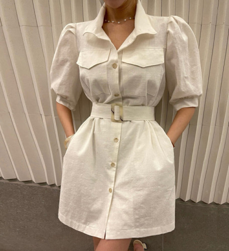 Women's Retro Lapel Waist Puff Sleeve Work Dress with Belt