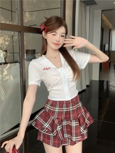 Real shot ~ hot girl suit short shirt sexy top summer short skirt retro plaid skirt suit