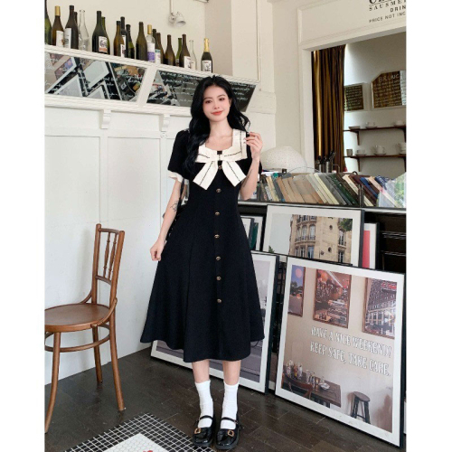 Original fabric workmanship - cool silk cotton + rayon jacquard French Hepburn style bow dress women's little black dress