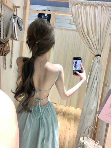 Real shot of ins big backless holiday style fairy backless mint mambo super fairy dress