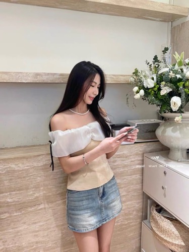 Mesh bow knitted sweater for women in summer one-shoulder sleeveless top hot girl chiffon knitted sweater for women in summer