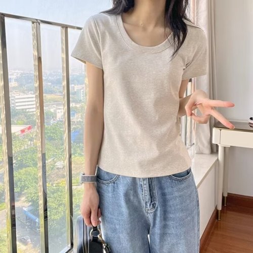 Real shot short-sleeved T-shirt for women in summer 2024 Korean version solid color T-shirt loose slimming inner layering top