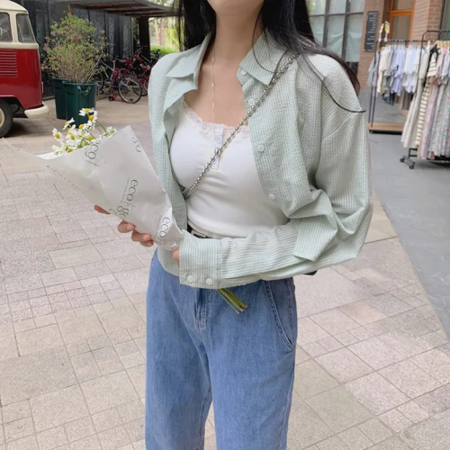 Korean chic blue small striped shirt design 2024 long-sleeved sun protection shirt for women