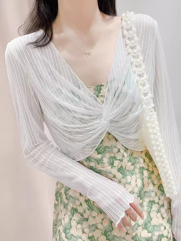 Summer sun protection lace shawl women's suspender skirt with blouse short gauze unique and unique hollow mesh top