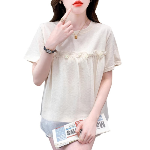 French round neck ear-hemmed shirt for women, summer mesh splicing bottoming shirt, slimming belly-covering top