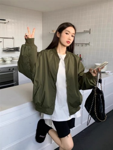 24 New Year Korean chic all-match thin retro stand-up collar casual loose baseball uniform work jacket jacket for women