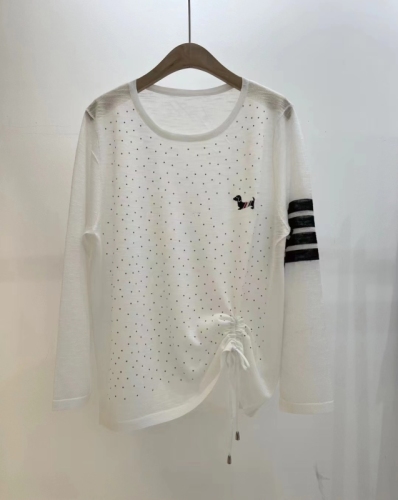 Summer new round neck polka dot puppy embroidery drawstring knitted thin sun protection shirt top women's long-sleeved air-conditioning shirt blouse