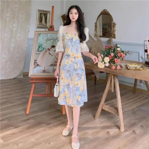 Summer 2024 new sweet floral temperament mid-length waist slimming short-sleeved bestie short-sleeved dress for women