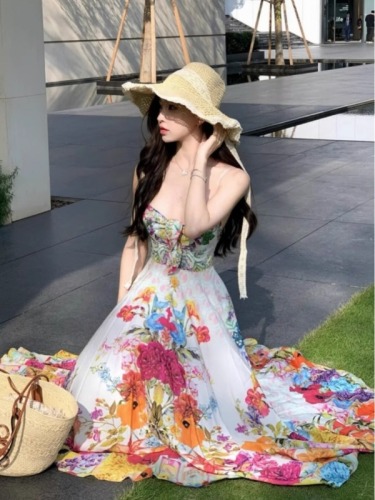 Colorful broken flowers V-neck straps and suspenders resort style long dress women's waist slimming sexy open back large skirt