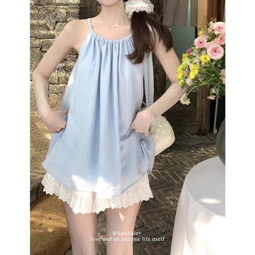 Official picture of strappy bow camisole suit for women in summer girly exquisite lace shorts for women