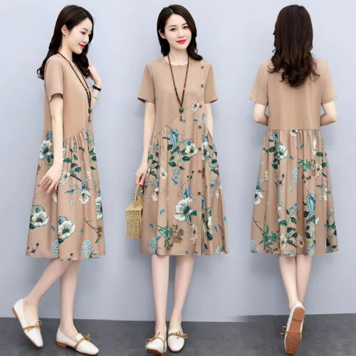 M--4XL dress women's summer new retro print fat mm covers the flesh and looks slimming loose casual a-line skirt