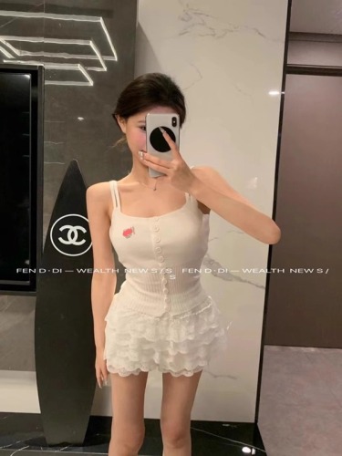 2024 new summer style double shoulder strap single breasted temperament knitted sweater women's thin bottoming top