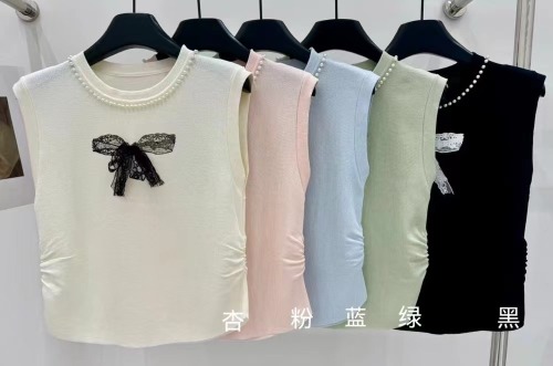 Summer round neck heavy industry pearl pullover sleeveless slim pleated bow printed vest top for women
