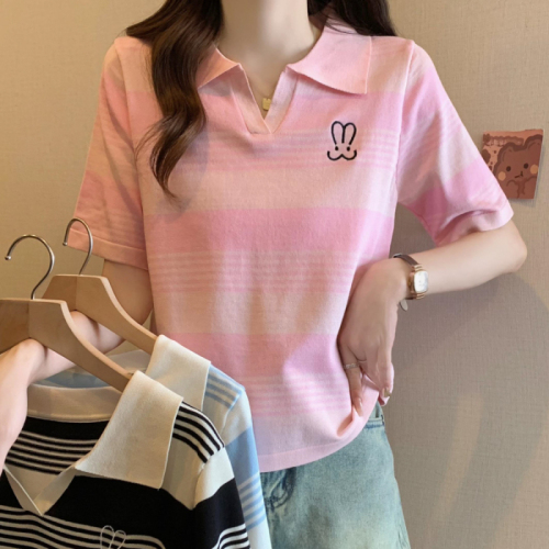 Real shot!  !  There’s a big picture!  2024 new summer style small fragrance contrast color knitted fir thin ice silk T-shirt for women