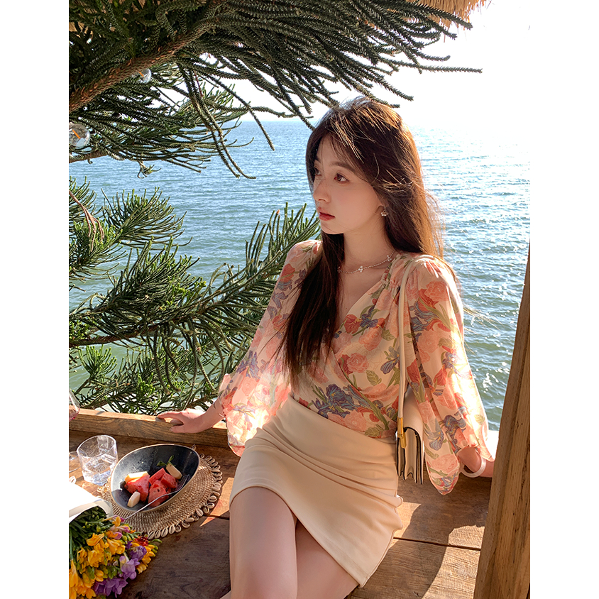 Imitation of Tennis French printed lantern sleeve cross-band belt waist-hugging short shirt for women's design niche top
