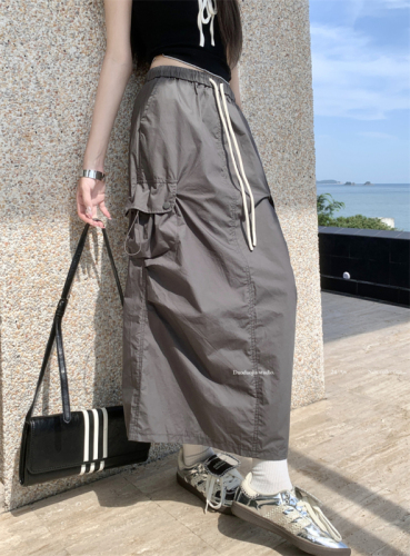 Actual shot~American hot girl pocket drawstring work skirt women's high waist A-line straight slit mid-length skirt