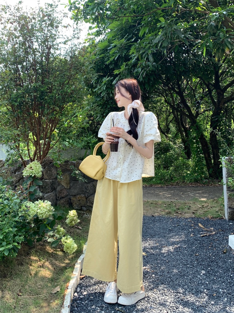 實拍 甜美減齡蕾絲花邊波點襯衣+奶黃高腰闊腿褲
