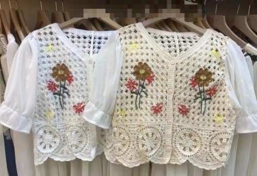花朵刺绣假两件针织衫女装甜美减龄泡泡袖小个子衬衫上衣夏季新款