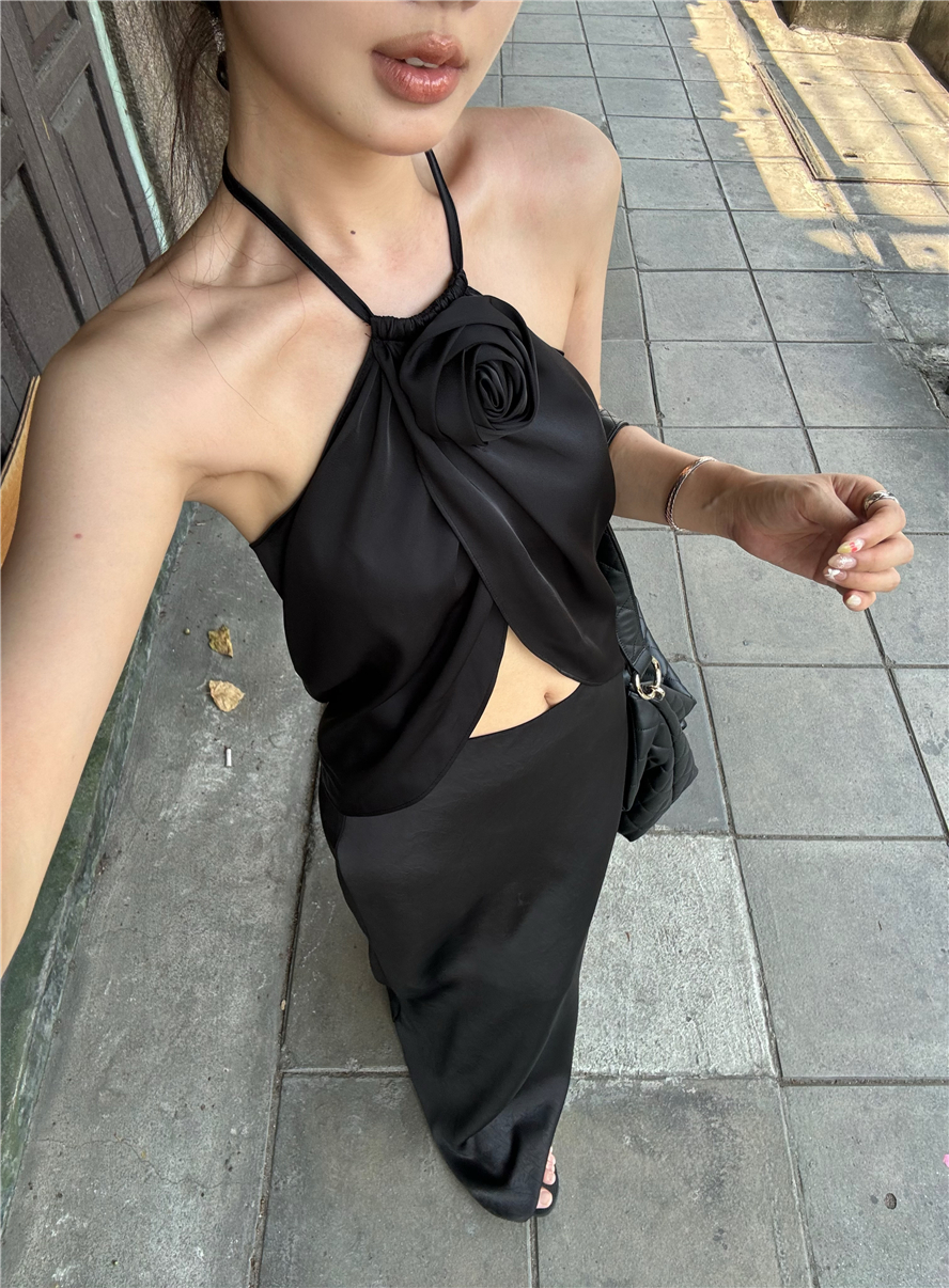 Photographed Bohemian Black Sleeveless V-Neck Backless Top Summer Hot Girl Low-Waisted Skirt Set