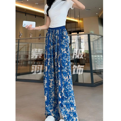 Summer thin ice silk ribbon floor-length wide-leg pants for women, versatile, breathable, loose, printed tie-dye slimming casual pants