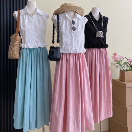 实拍~2024夏季新款纯色花边高腰 小衬衫+纯色半身裙两件套装