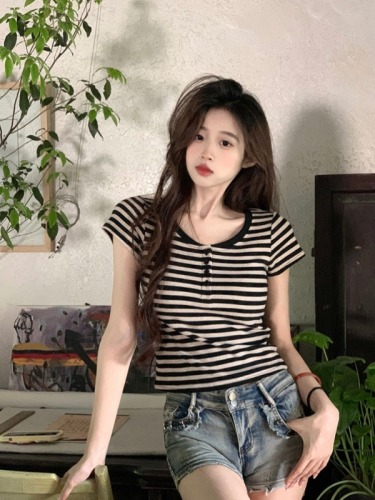 Real shot 220g threaded short-sleeved T-shirt summer trend striped right shoulder slim short round neck top Korean style women's clothing