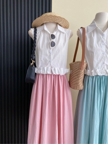 实拍~2024夏季新款纯色花边高腰 小衬衫+纯色半身裙两件套装