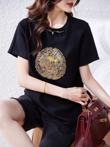 100% cotton 21 count 200g high precision sequin disc button embroidered short sleeve T-shirt for women