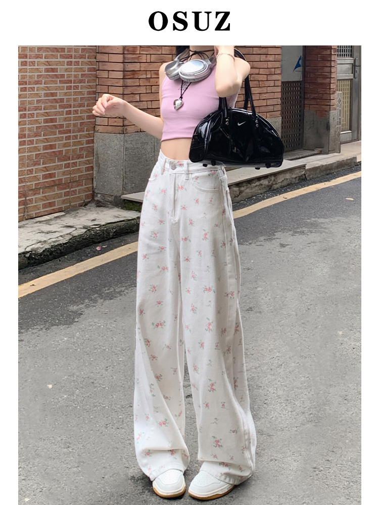 White floral suit pants, jeans for women, summer high-waisted slimming wide-leg straight-leg long pants
