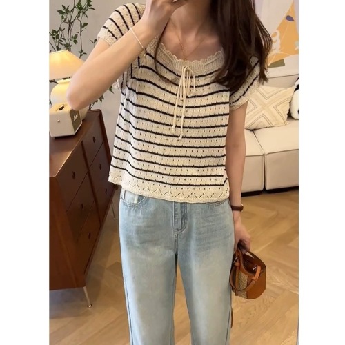 2024 new Korean summer lace soft and comfortable crochet drawstring bow knitted striped top for women