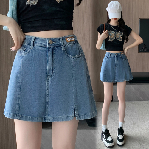 Actual shot of new summer large size high-waisted stretch denim shorts for fat girls, anti-exposure culottes, loose Korean style skirts