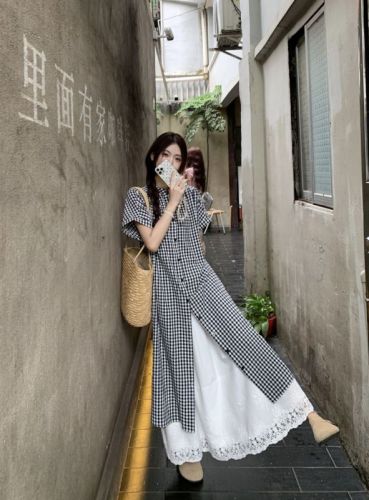 Actual shot ~ Black and white plaid shirt dress for women, loose and slim, summer layering, artistic relaxation