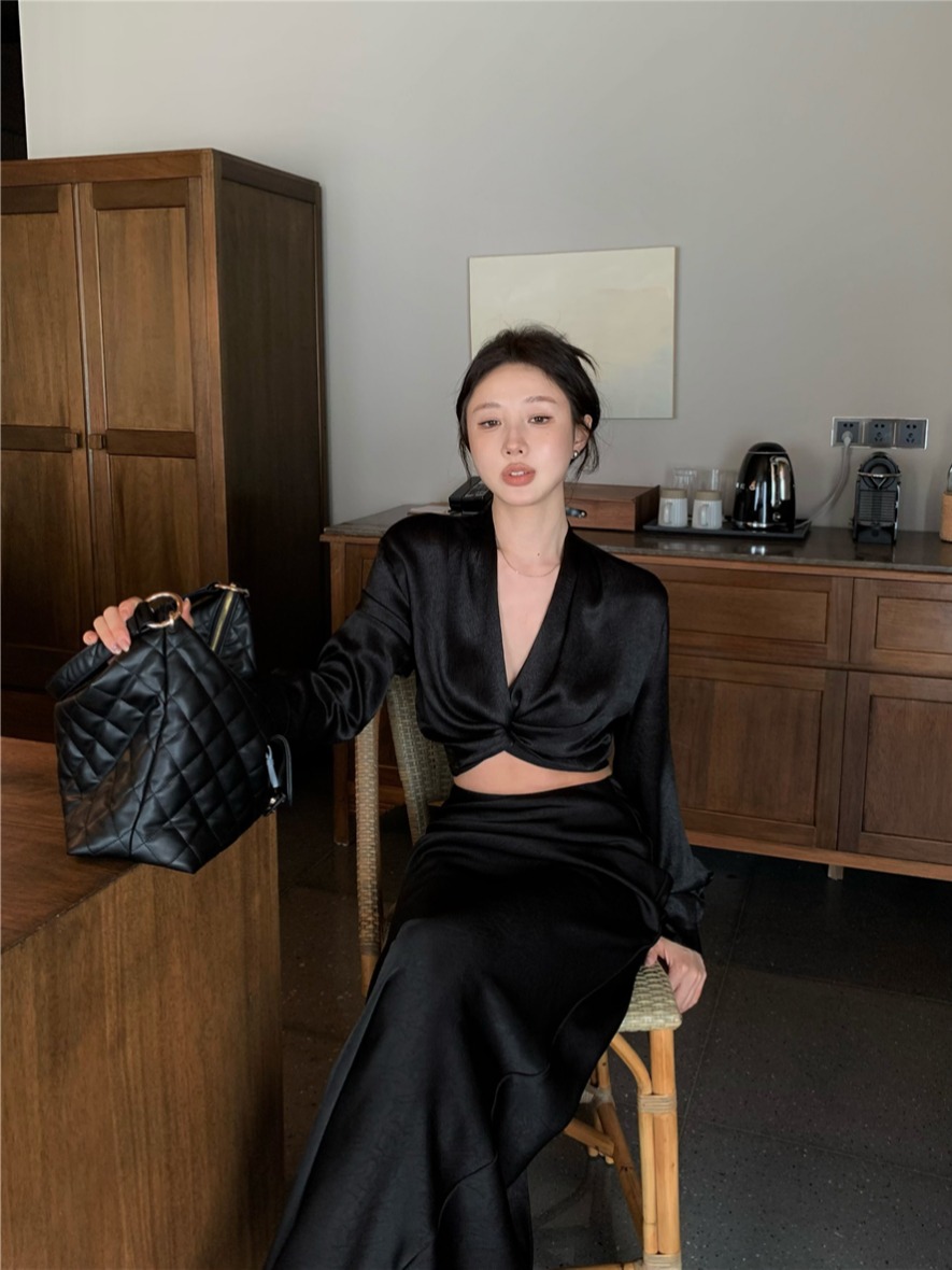Shootable temperament midnight dusk high-end shirt with ribbon design irregular blouse long dress mermaid skirt set