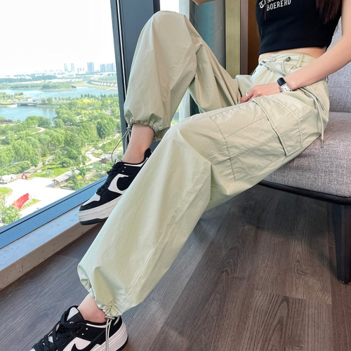 American high-street drawstring overalls for women in summer, high-waisted, slim, loose, straight, casual wide-legged trousers