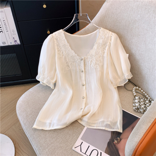 Real shot of fat girl plus size summer small fragrant style embroidered lace collar chiffon shirt imitation ice silk short-sleeved top fashionable small shirt