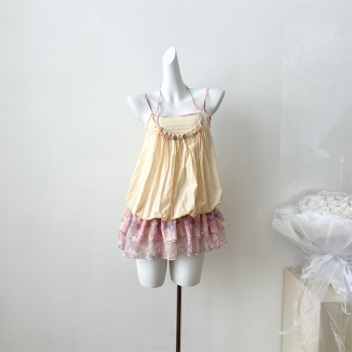 Acaine pearl macaron/mid-length swing collar cake dress suspender dress women's summer French sweet skirt