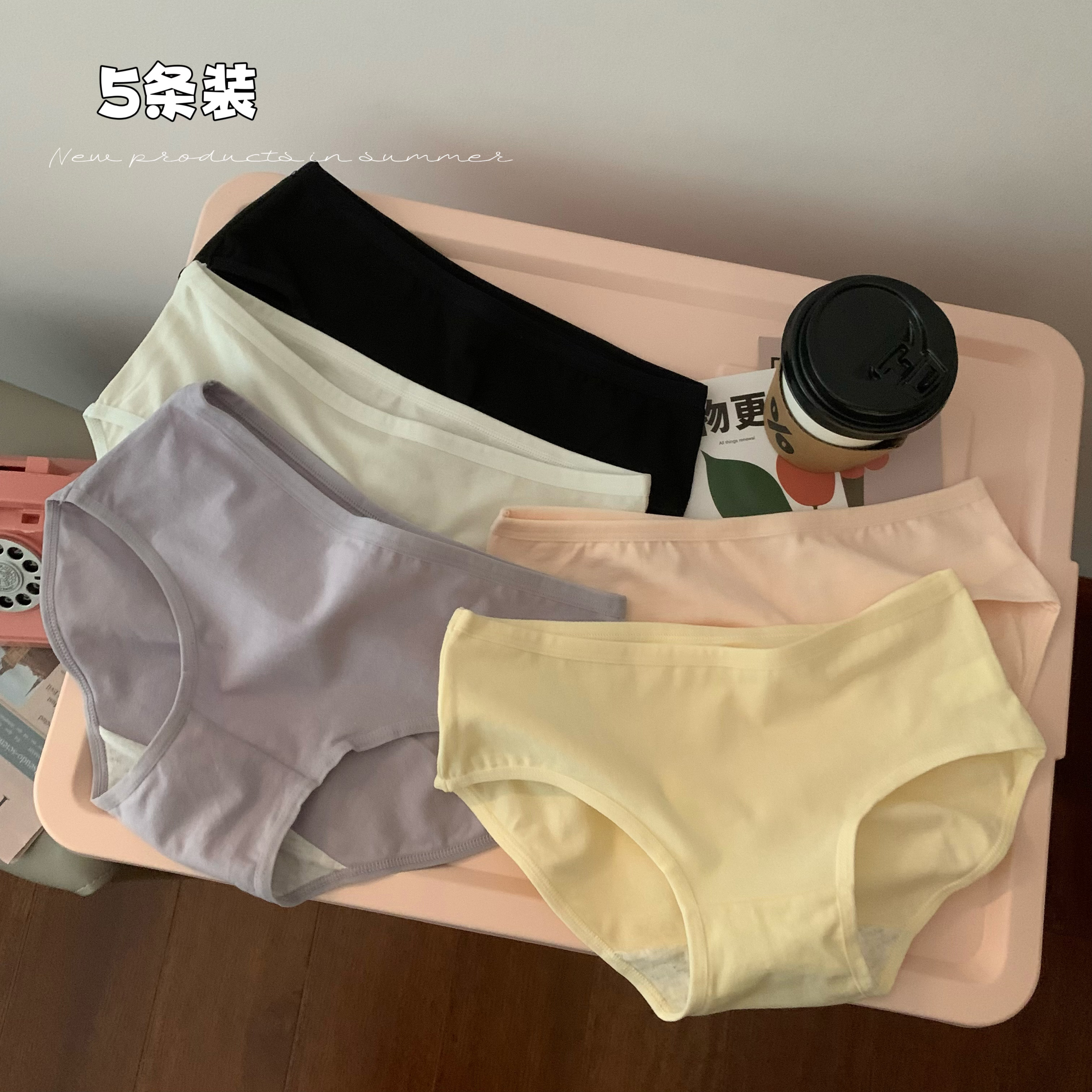 Real shot of Korean style simple solid color sweet girl mid-waist pure cotton underwear women's triangle leggings 5 ​​pack