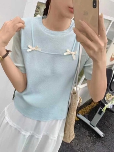 Sweet age-reducing round neck bow decorated fake two-piece short sleeves