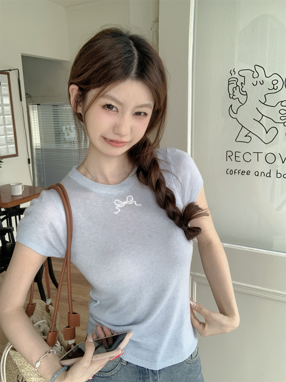 實拍 夏季韓版甜美後背鏤空蝴蝶結設計感6羊毛針織短袖上衣