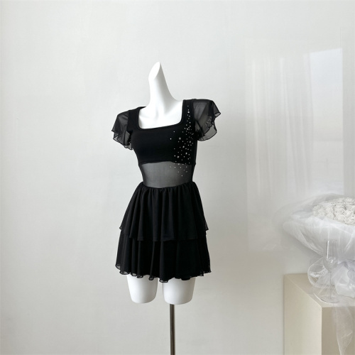 Suuuicee ballet black mesh see-through sexy short-sleeved dress with waist stitching pure desire skirt