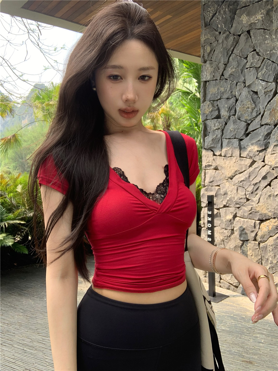 實拍性感純欲V領蕾絲拼接短袖T恤女昆士蘭平紋辣妹正肩上衣