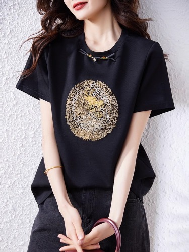 100% cotton 21 count 200g high precision sequin disc button embroidered short sleeve T-shirt for women
